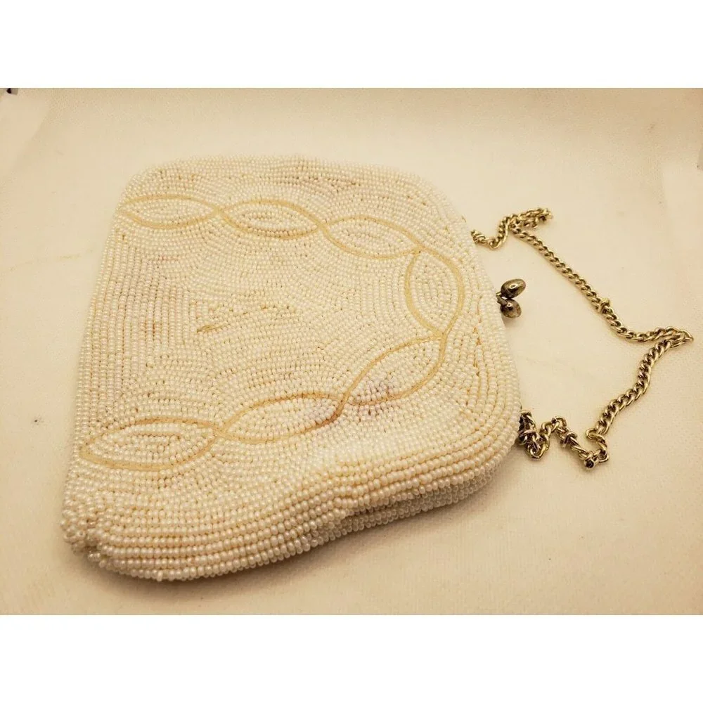 Richere White Beaded Evening Bag Seed Pearls Beads Gold Chain Clutch Purse Japan - Picture 2 of 10